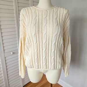 Ivory Cable Knit 100% Cotton Rolled Neck Sweater XL Preppy Fisherman Minimalist